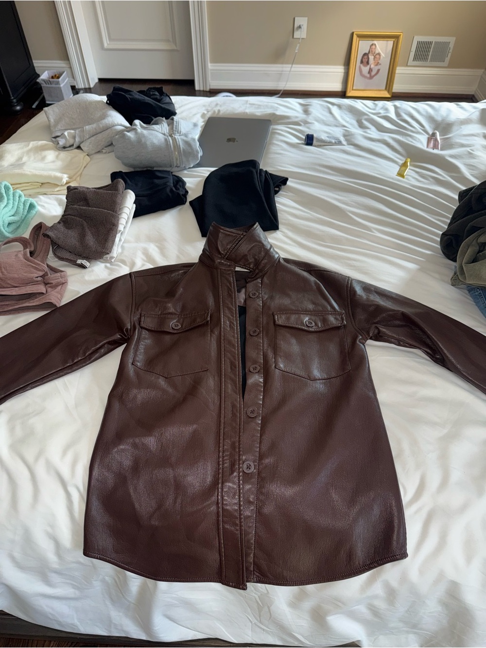 Brown Leather Button-Up Jacket